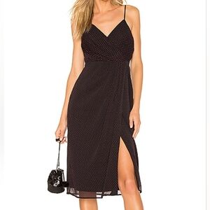 NBD Revolve Averie black pink polka dot chiffon pleated faux wrap midi dress XL